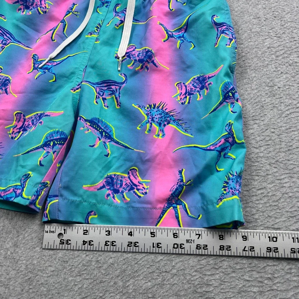 Chubbies Dino Delights Swim Trunks Youth 10/12 Teal Dinosaur Lined Mesh Pockets